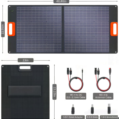 100W two-section solar panel folded and unfolded dimensions with connection leads