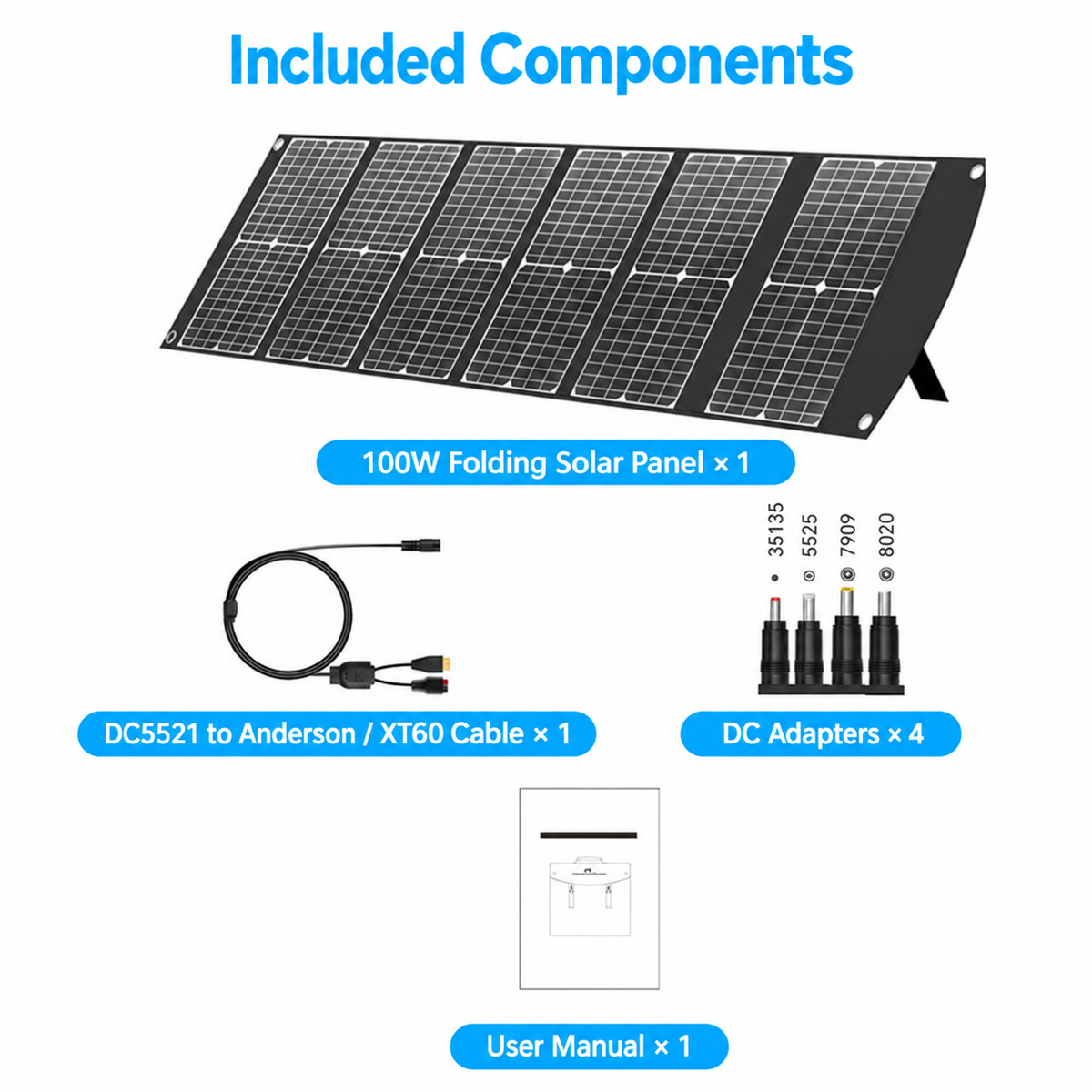 100W six-section solar panel with cable, four DC adapters and user manual