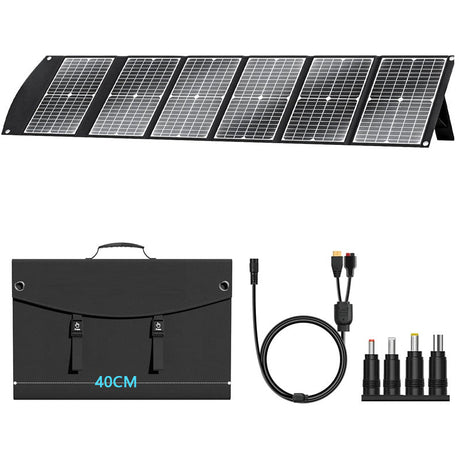 Unfolded 100W six-section solar panel with black carrying format