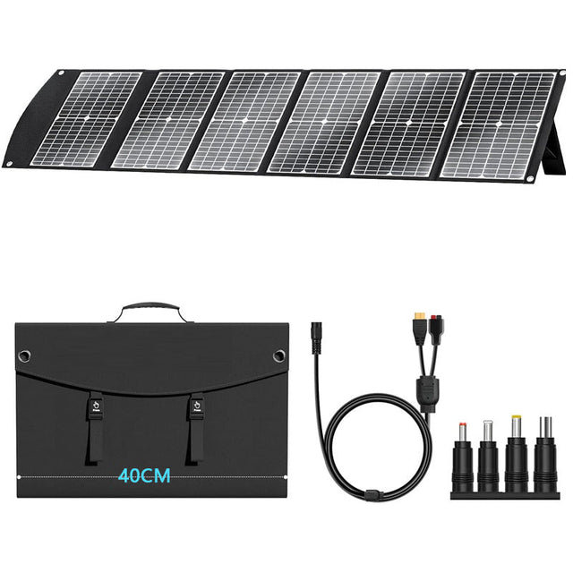 Unfolded 100W six-section solar panel with black carrying format