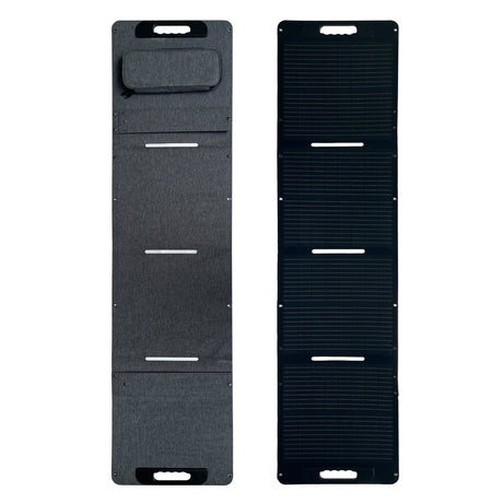 Front and rear views of the 100W four-section folding solar panel
