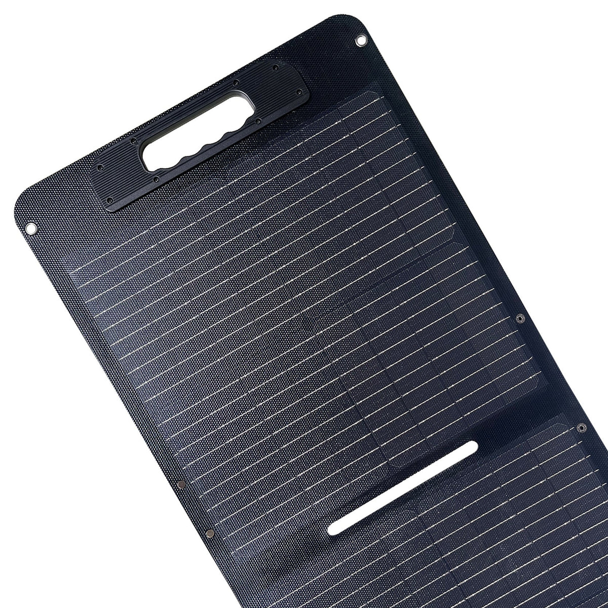 Close-up of monocrystalline cells and integrated carry handle