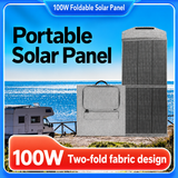 100W two-fold fabric solar panel and gray carrying pouch in English product graphic