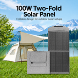 100W two-fold fabric solar panel and pouch at campsite with English heading