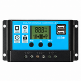 10A solar charge controller with LCD, dual USB ports, three buttons and six screw terminals