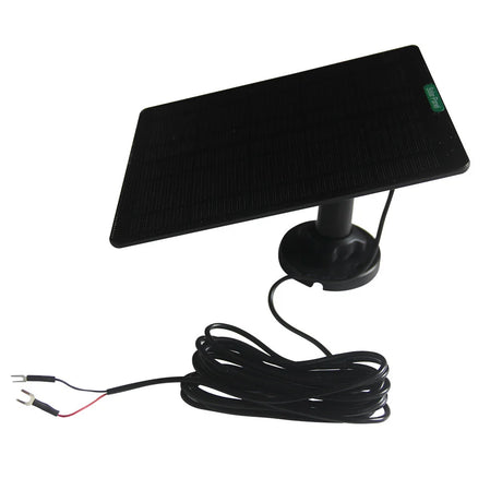 Black solar panel with coiled lead and two fork terminals
