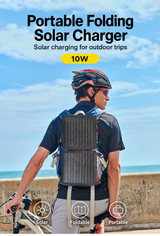 10W two-section folding solar charger carried on a cyclist's backpack