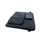 Two-section 10W solar charger with black fabric backing and rear pouch