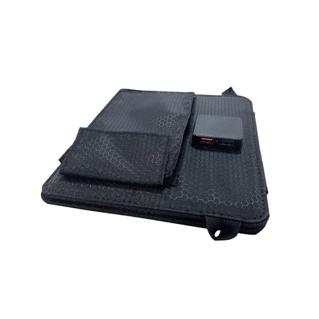 Two-section 10W solar charger with black fabric backing and rear pouch