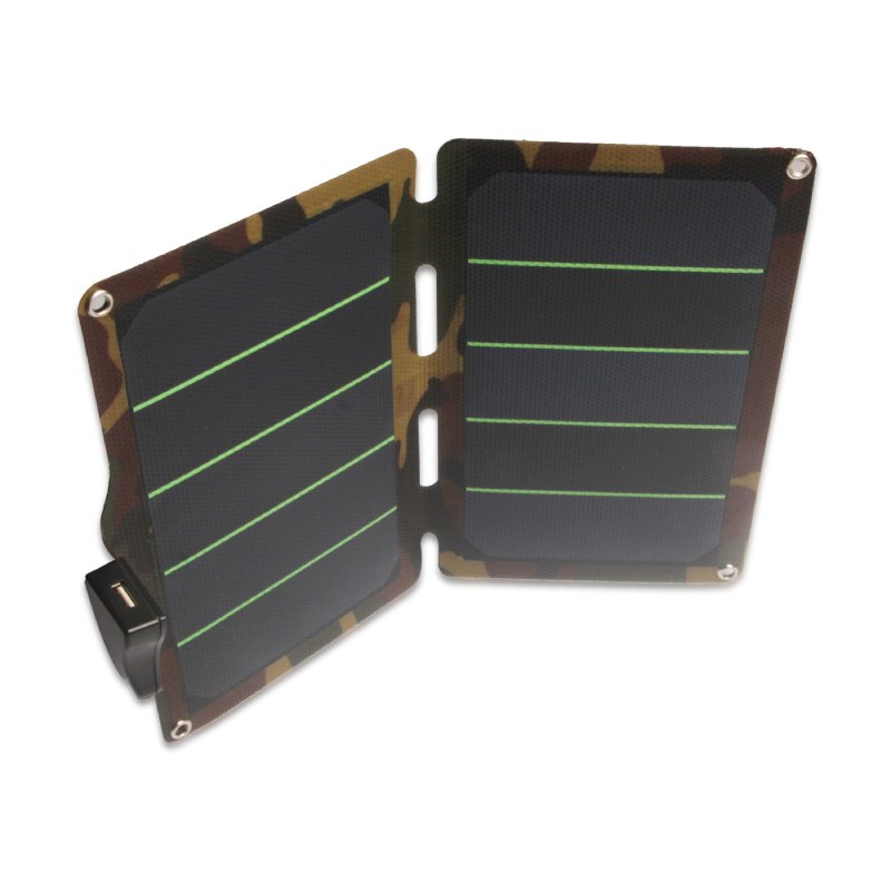 Camouflage charger partially opened at an angle showing panel texture and hinge.