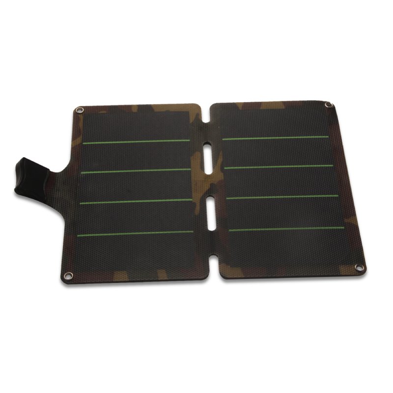 Camouflage version of the 11W foldable charger laid flat, dual panels visible.