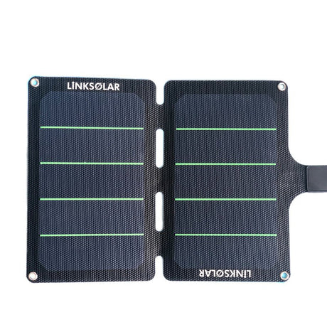 11W foldable charger unfolded flat; dual panels with alignment slots and corner eyelets.