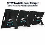 Rear kickstands on 120W four-fold solar panel at illustrated angles