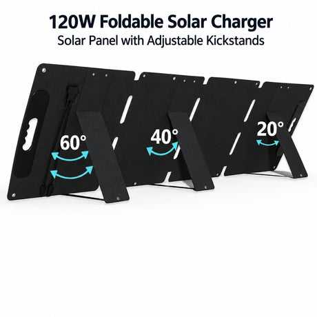 Rear kickstands on 120W four-fold solar panel at illustrated angles