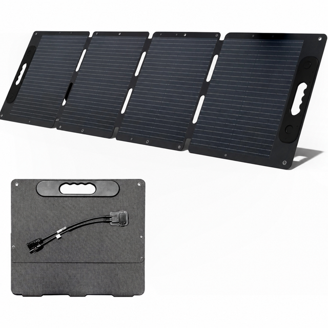 120W four-fold solar panel shown from front and rear with carry handle