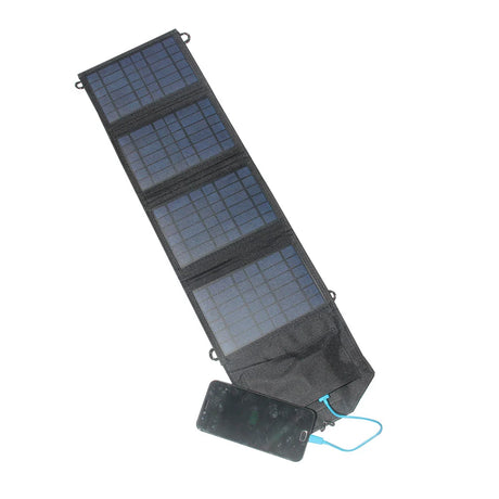 14W foldable solar charger — USB phone charging demonstration