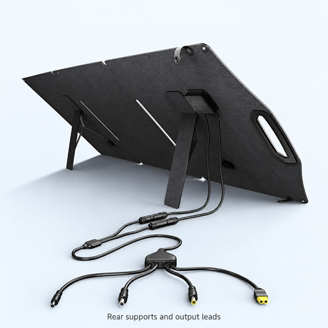 Rear kickstands and output leads on 150W folding solar panel