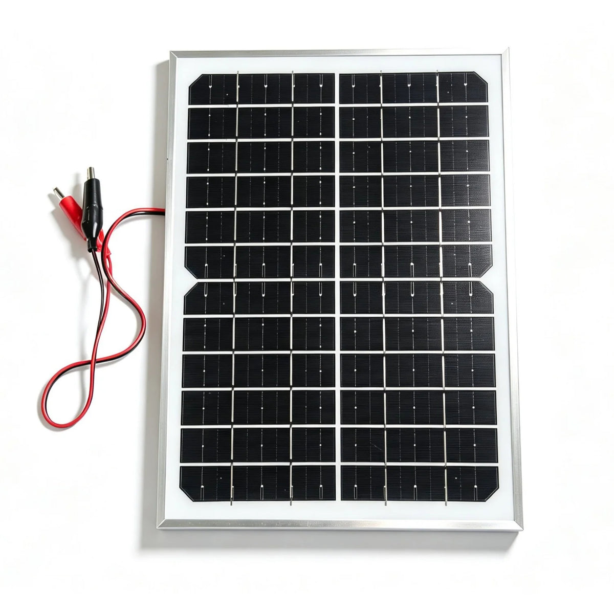 15W solar panel — framed panel and battery clips