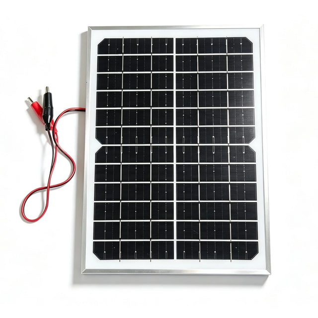 15W solar panel — framed panel and battery clips