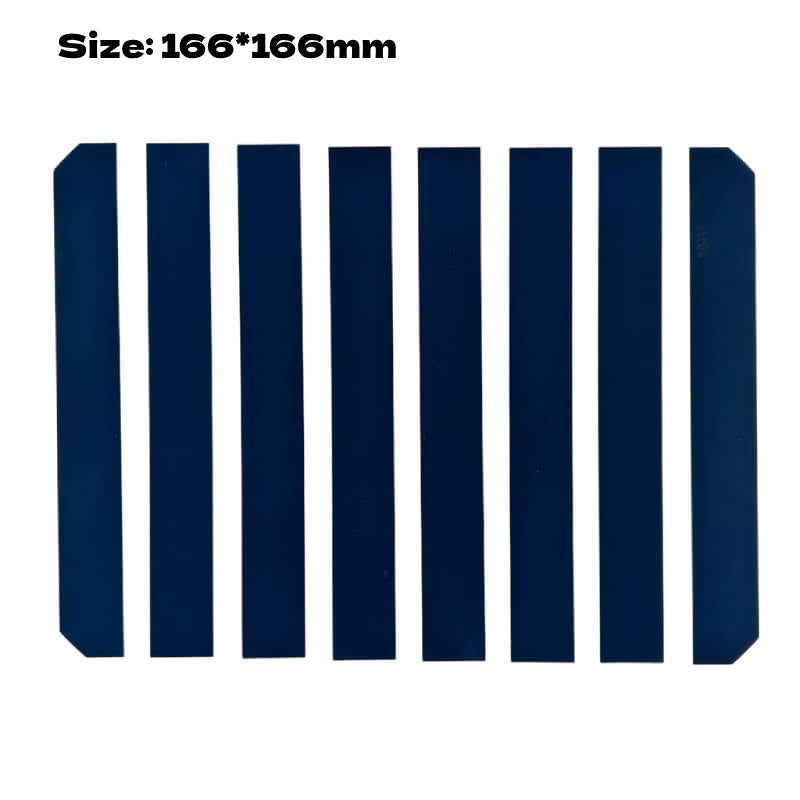 166×166 mm SunPower cell cut into eight vertical strips, front view.