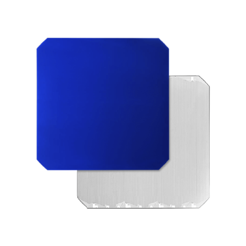 Full 166 mm cell showing blue front and silver back contact.