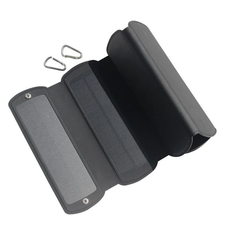 16W foldable solar charger — partly opened panel and carabiners