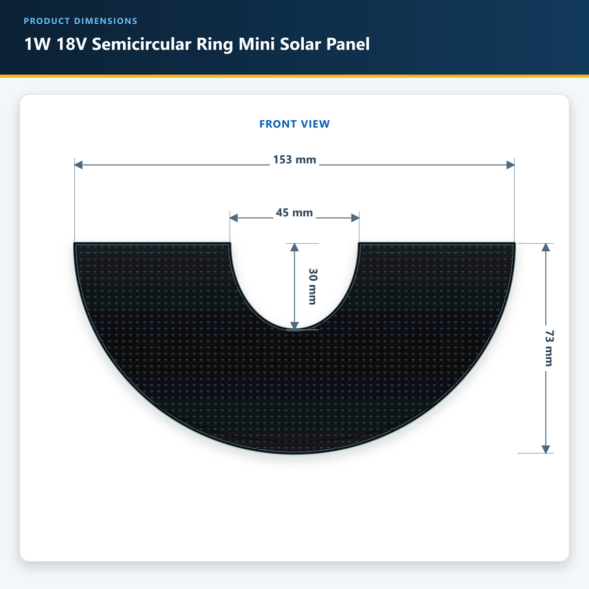 1W 18V semicircular mini solar panel dimensions with 153 by 73 mm body and 45 by 30 mm center cutout