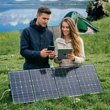 200W fabric folding solar panel deployed at a lakeside campsite
