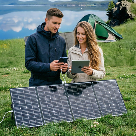200W fabric folding solar panel deployed at a lakeside campsite