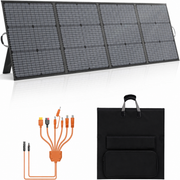 200W four-section fabric folding solar panel beside its carrying pouch and cable choices