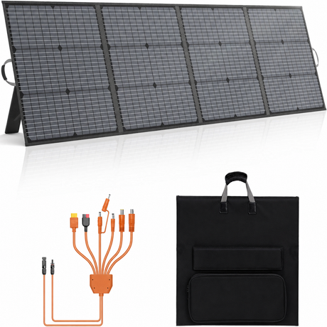 200W four-section fabric folding solar panel beside its carrying pouch and cable choices