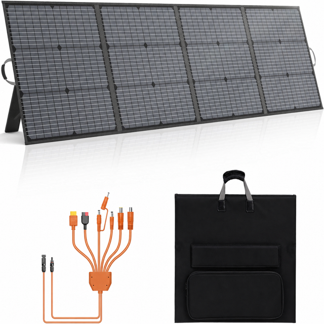 200W four-section fabric folding solar panel beside its carrying pouch and cable choices