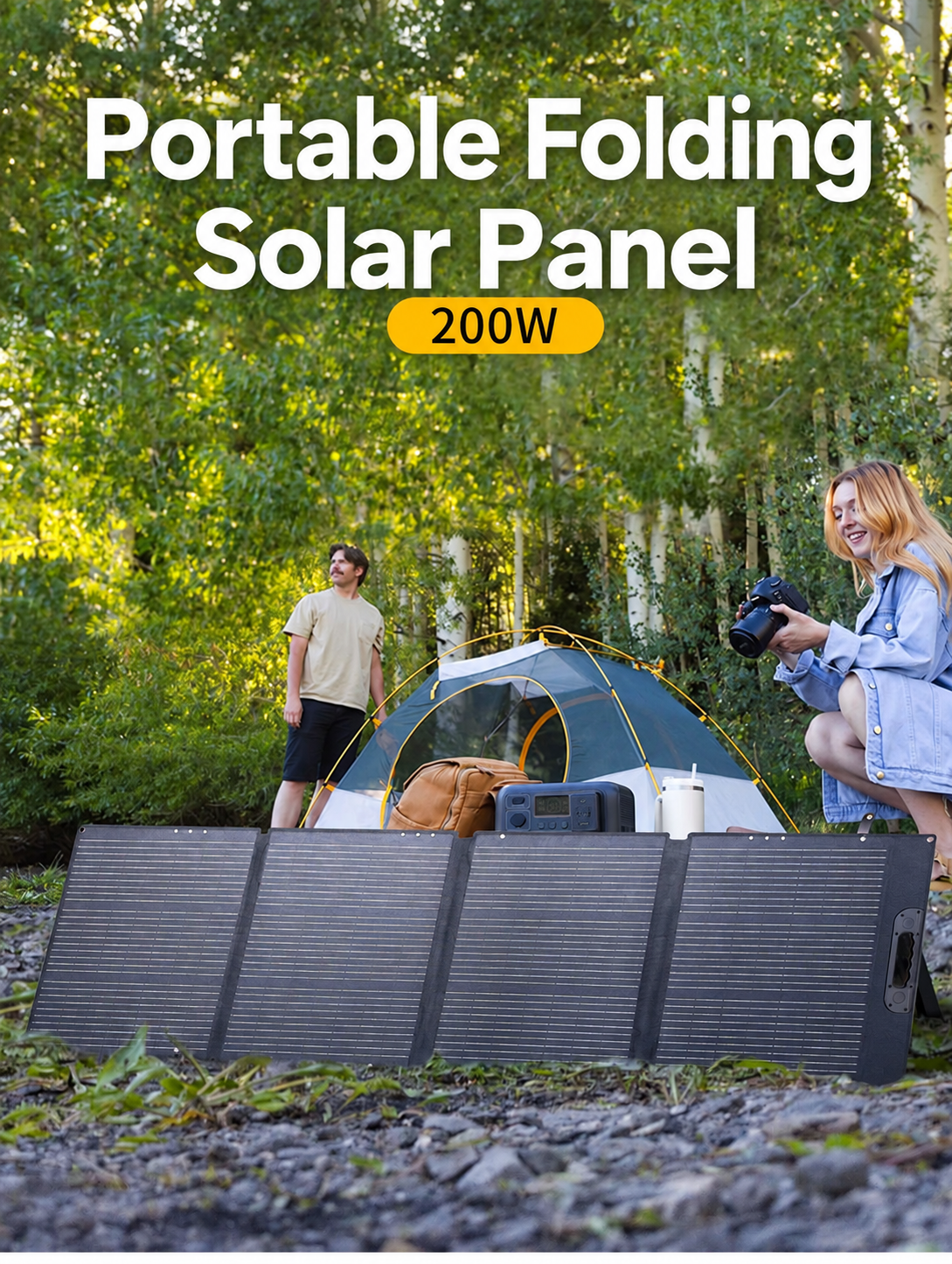 Four-section 200W folding solar panel set up beside camping equipment