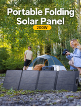 Four-section 200W folding solar panel set up beside camping equipment