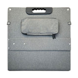Folded 200W solar panel with grey fabric carry handle and rear zippered pouch