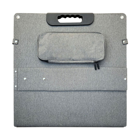 Folded 200W solar panel with grey fabric carry handle and rear zippered pouch