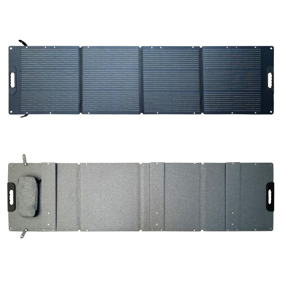 200W four-section folding solar panel with front and fabric-backed rear views