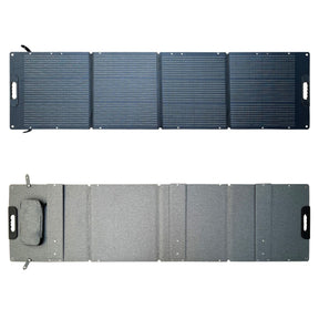200W four-section folding solar panel with front and fabric-backed rear views