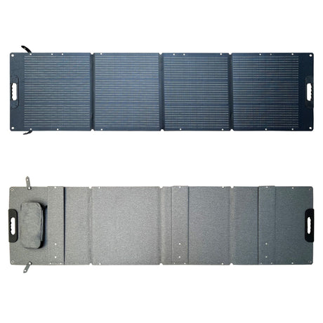 200W four-section folding solar panel with front and fabric-backed rear views