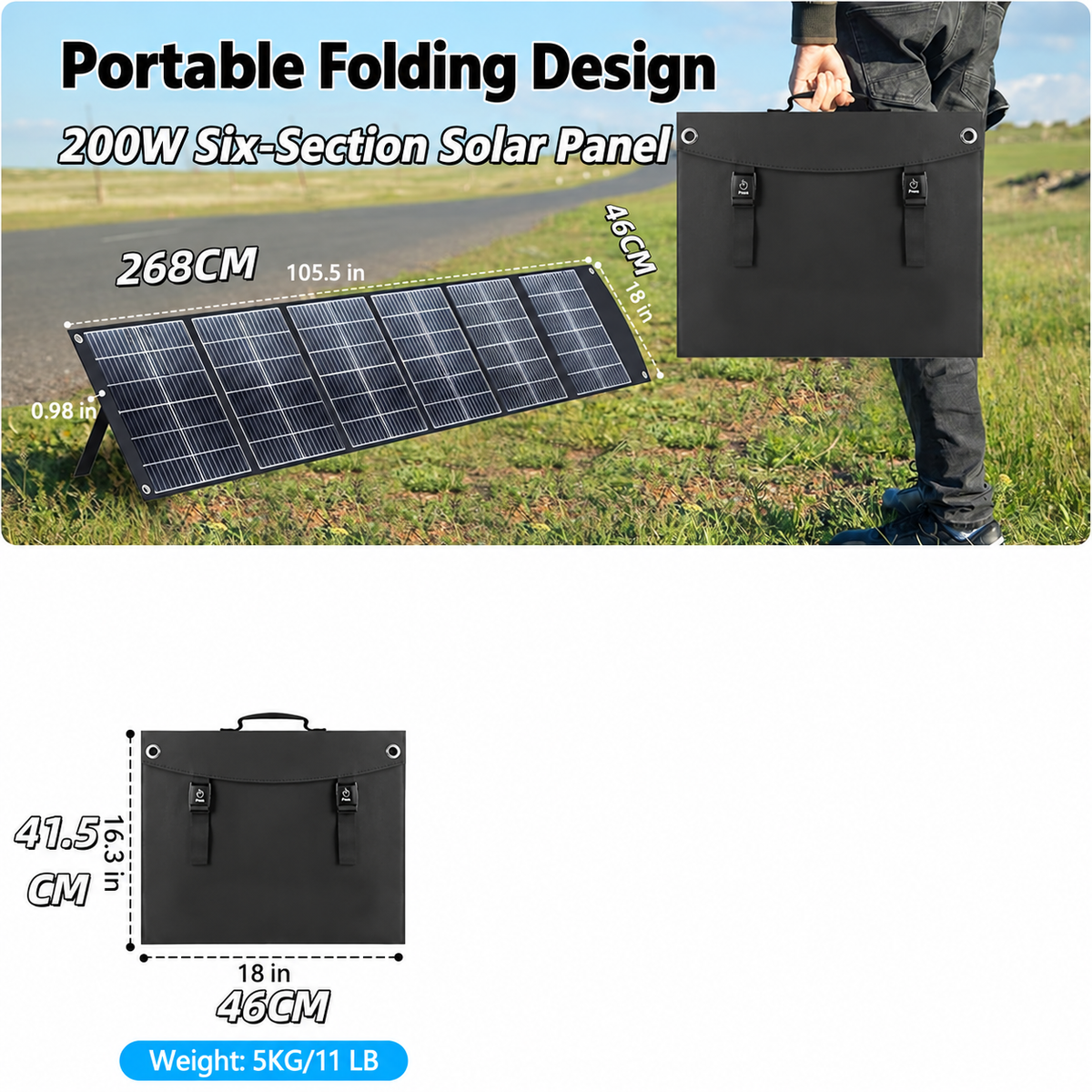 200W six-section solar panel with 268 x 46cm unfolded size and 5kg weight