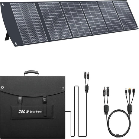 Unfolded 200W six-section solar panel with folded carrying format and cable