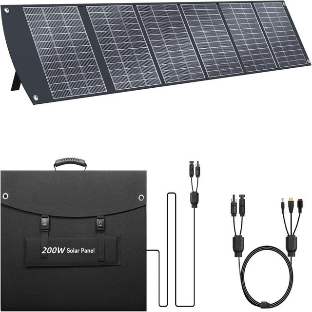 Unfolded 200W six-section solar panel with folded carrying format and cable