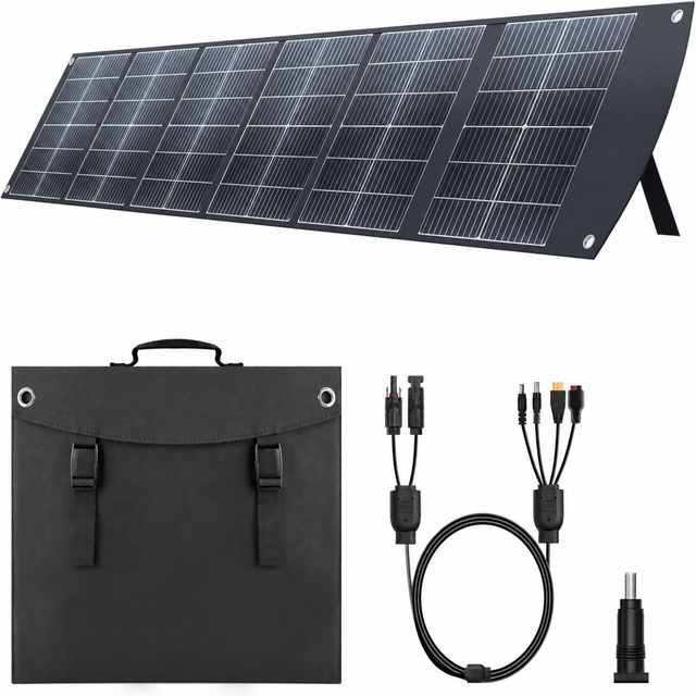 200W six-section foldable solar panel with carrying pouch and output leads