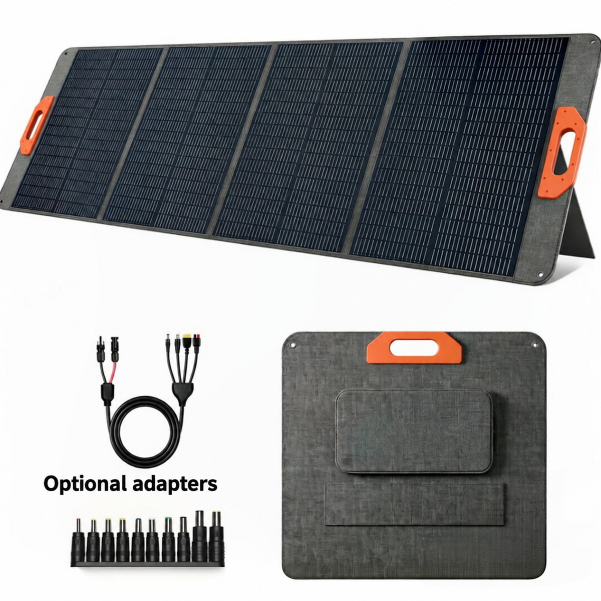 Four-section 200W solar panel with orange handles and optional adapter choices