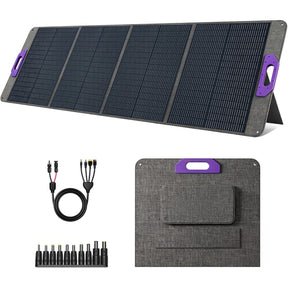 200W four-section solar panel with purple handles, folded format and cable