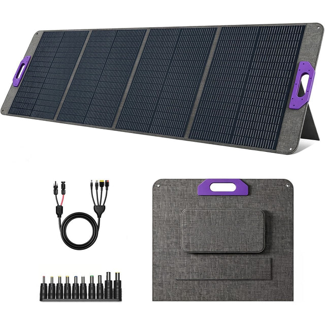 200W four-section solar panel with purple handles, folded format and cable