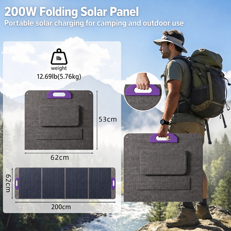 200W solar panel with 62 x 53cm folded size, 200 x 62cm open size and 5.76kg weight