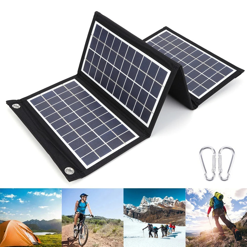 20W foldable solar charger — outdoor panel and carabiners
