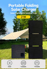 21W three-section folding solar charger in an outdoor camping setting