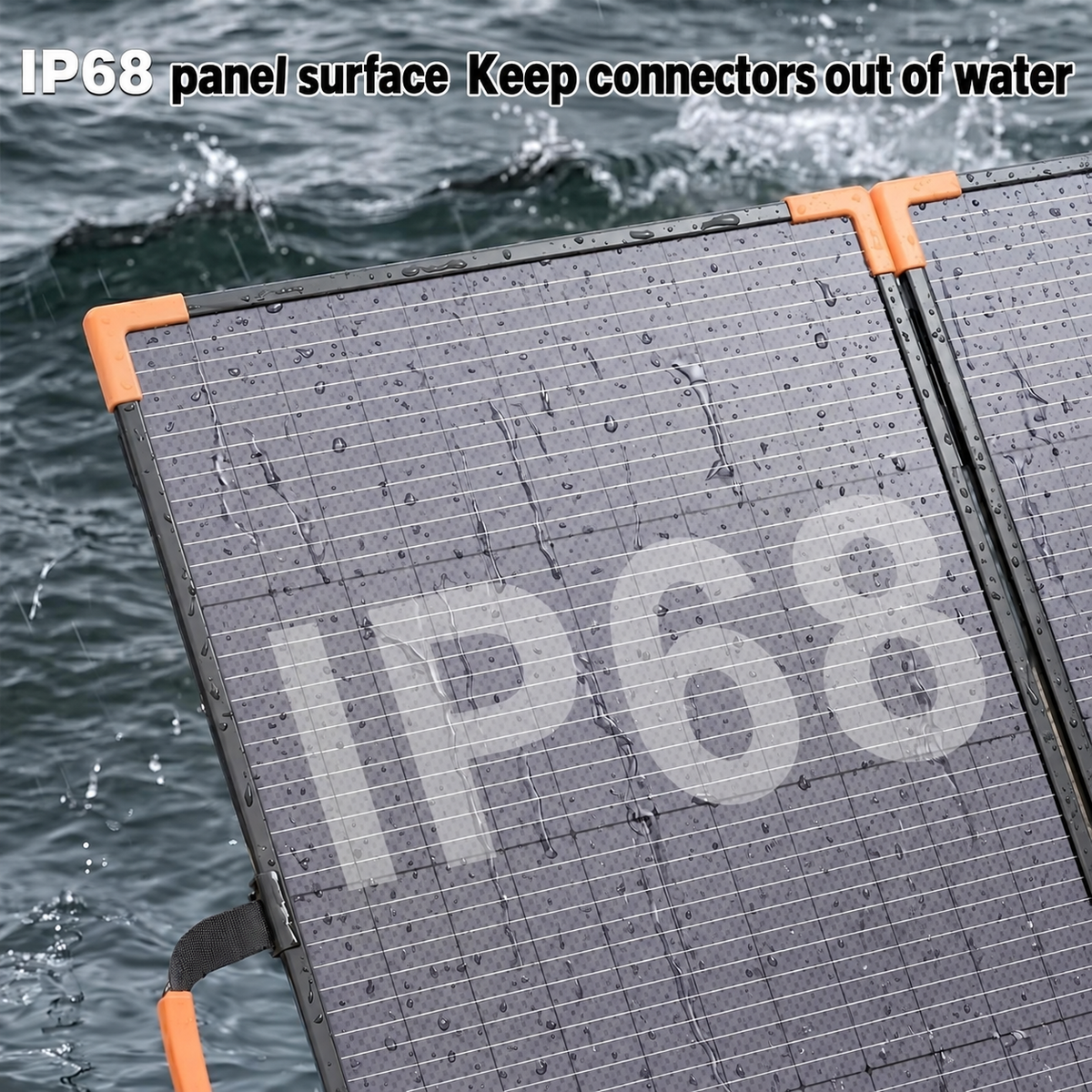 IP68-rated surface of the 220W solar panel with connectors kept out of water